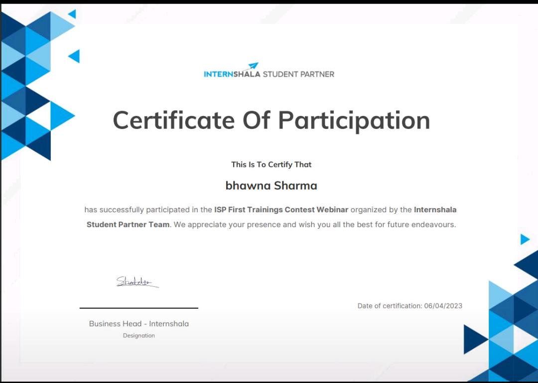 Internshala Certificate of Participation